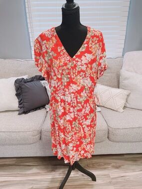 J Jill Red Floral Wrap Dress Size Large